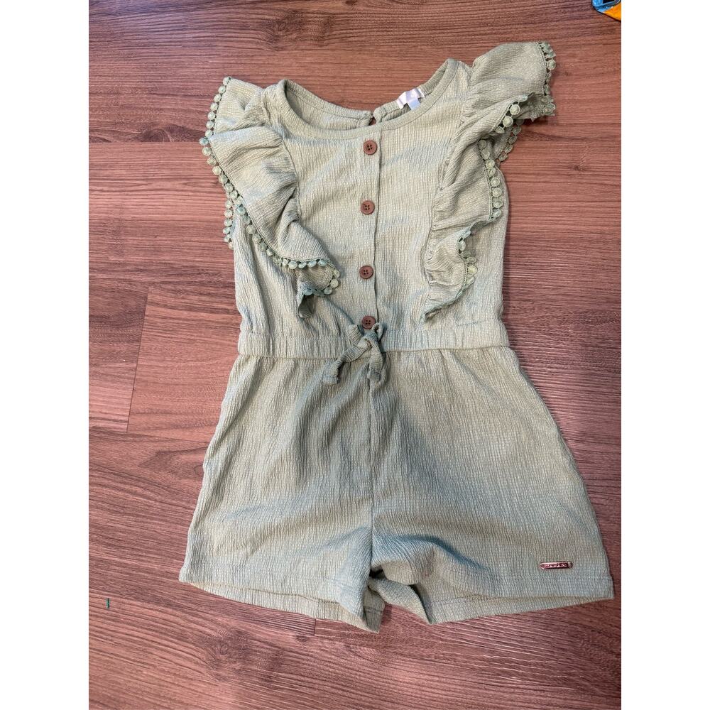 Tahari Girl Sage Green Ruffled Button Romper Size 4